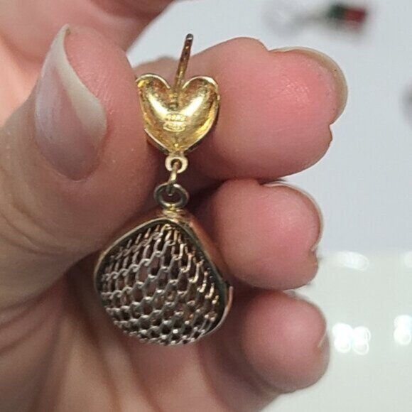 Vintage Sterling Silver Gold Plated Heart  Chunky Mesh Drop Dangle Earrings - Picture 8 of 9